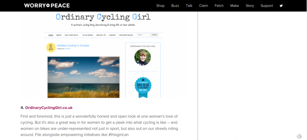 Worry+Peace name Ordinary Cycling Girl in top 10 UK Cycling Sites